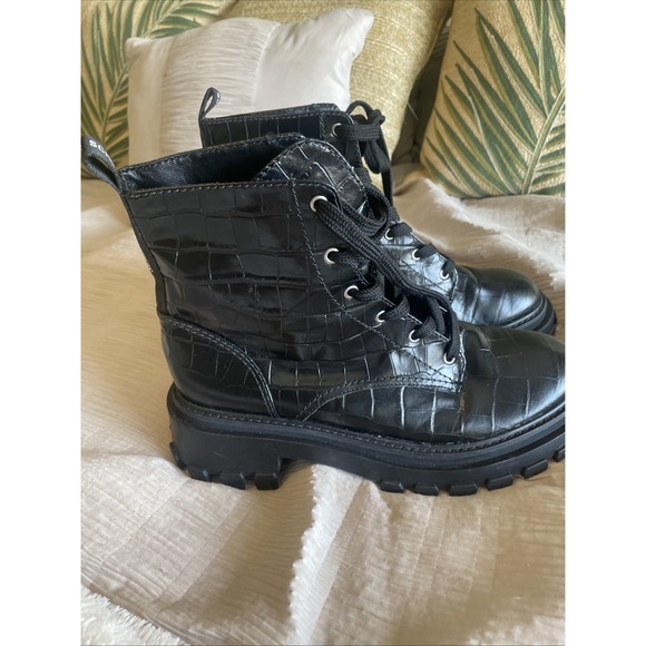 SCHUTZ Shoes - Schutz Orly Leather Croc Boots Black Lug Rubber Sole Combat Lace‎ Up Sz 11  Goth